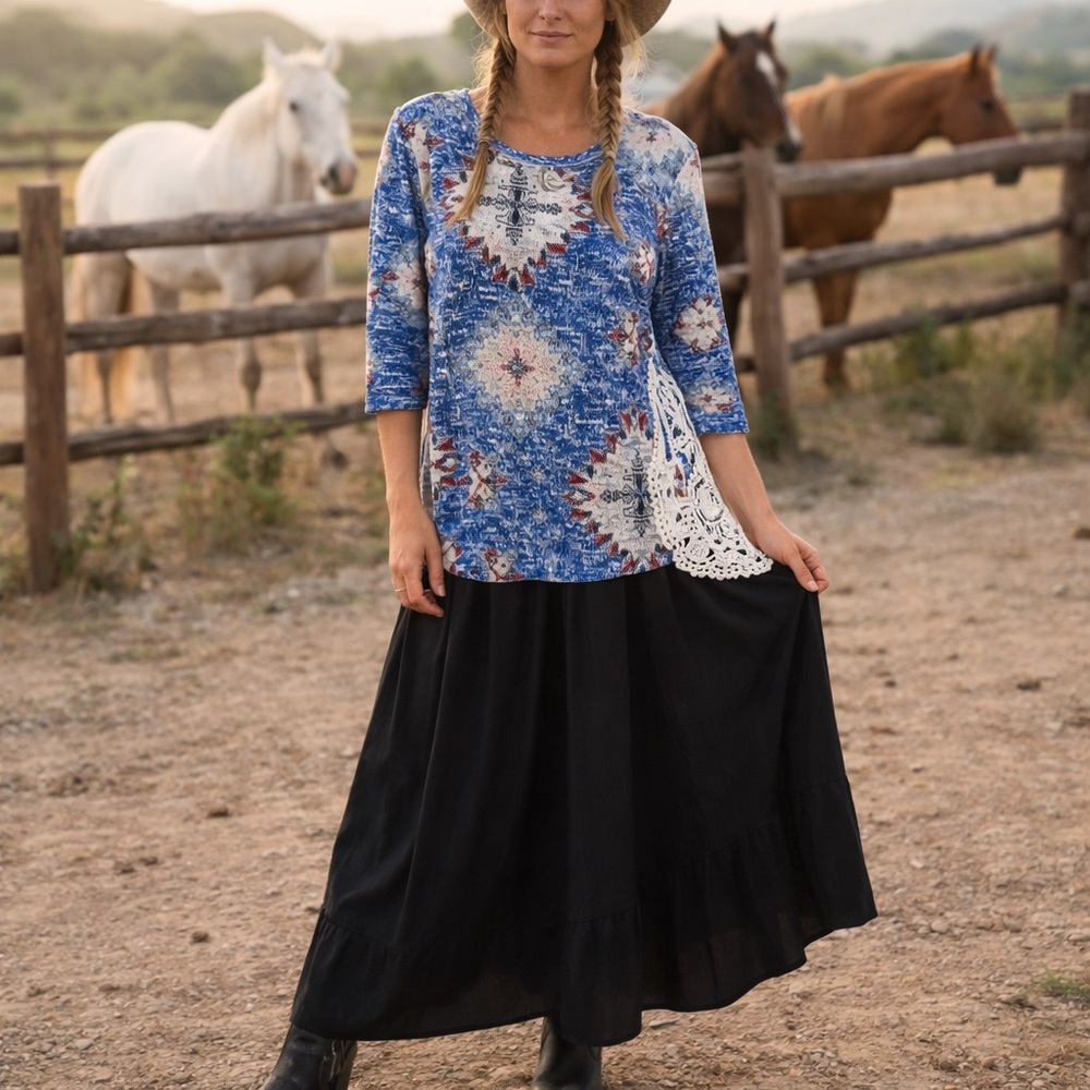 Boho Blue Patterned Tunic Top
